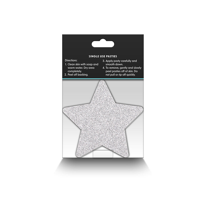 Silver glitter star-shaped adhesive pasties with application instructions.