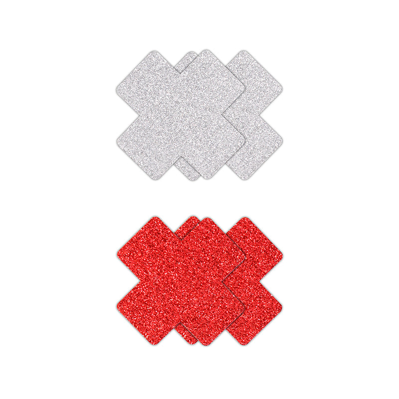 Two sets of glitter cross nipple pasties, one red and one silver.