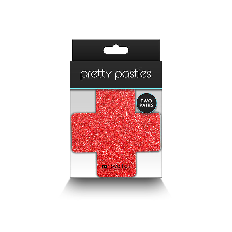 Red glitter cross nipple pasties in a two-pair package.