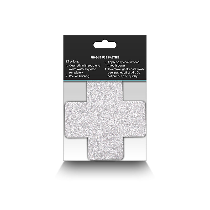Silver glitter cross-shaped pasties with application instructions.