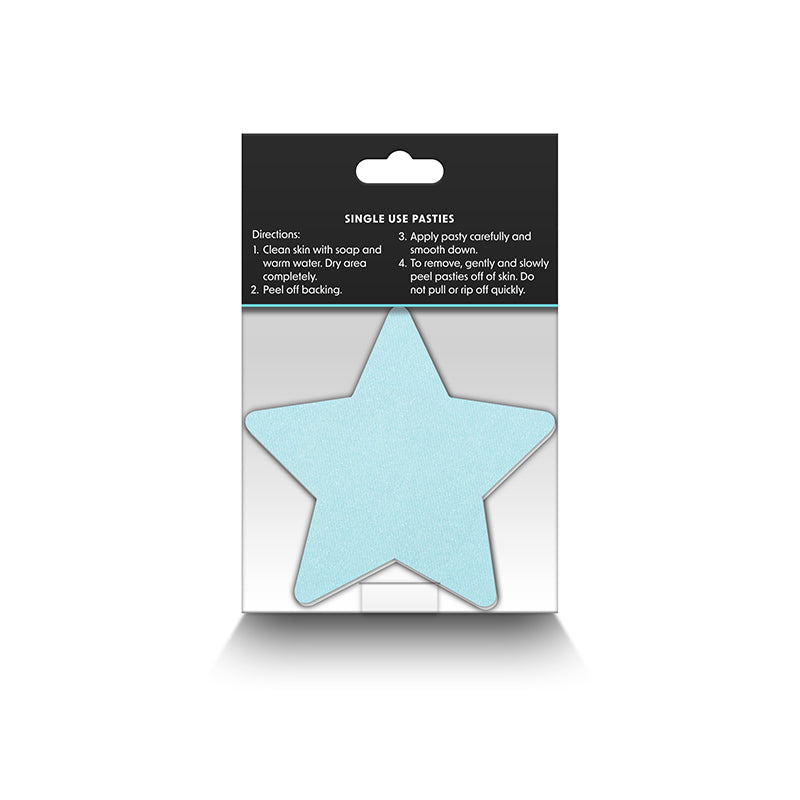 A light blue star-shaped adhesive pasty on a backing card with instructions.