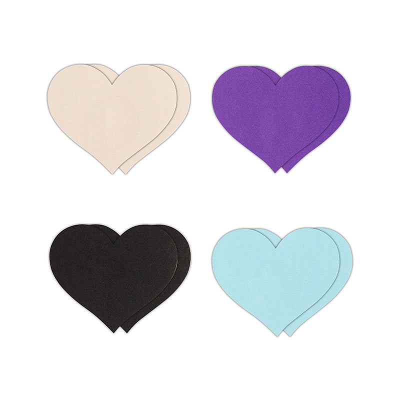 Four pairs of heart-shaped adhesive nipple covers in assorted colors.