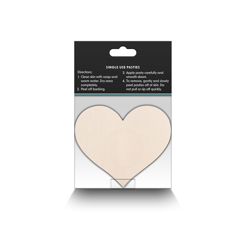 Heart-shaped adhesive nipple covers in a light skin tone.