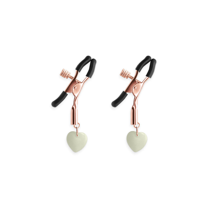 Adjustable rose gold nipple clamps with light green heart charms.