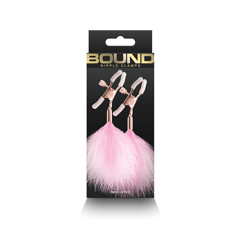 Adjustable nipple clamps with pink feather poms.