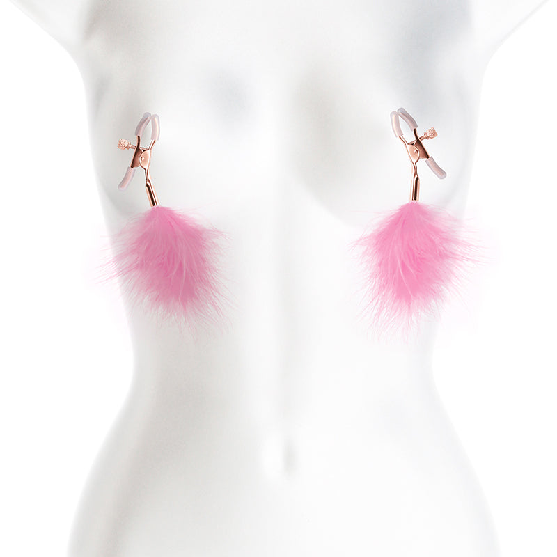 Adjustable nipple clamps with pink feather poms.