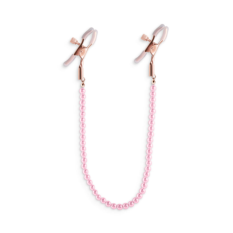 Adjustable rose gold nipple clamps with pink bead chain and silicone tips.