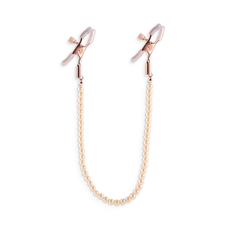 Adjustable rose gold nipple clamps with a pearl bead chain.