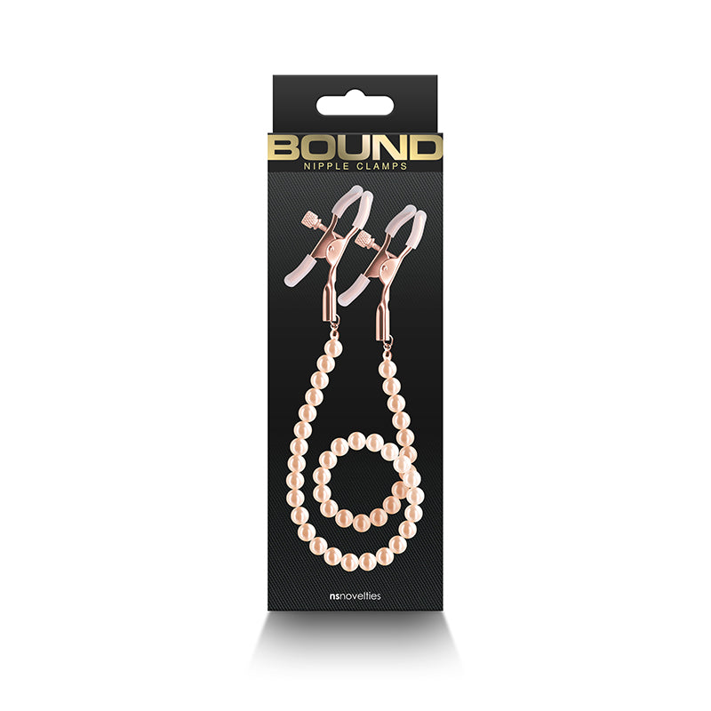 Adjustable rose gold nipple clamps with pearl beads.