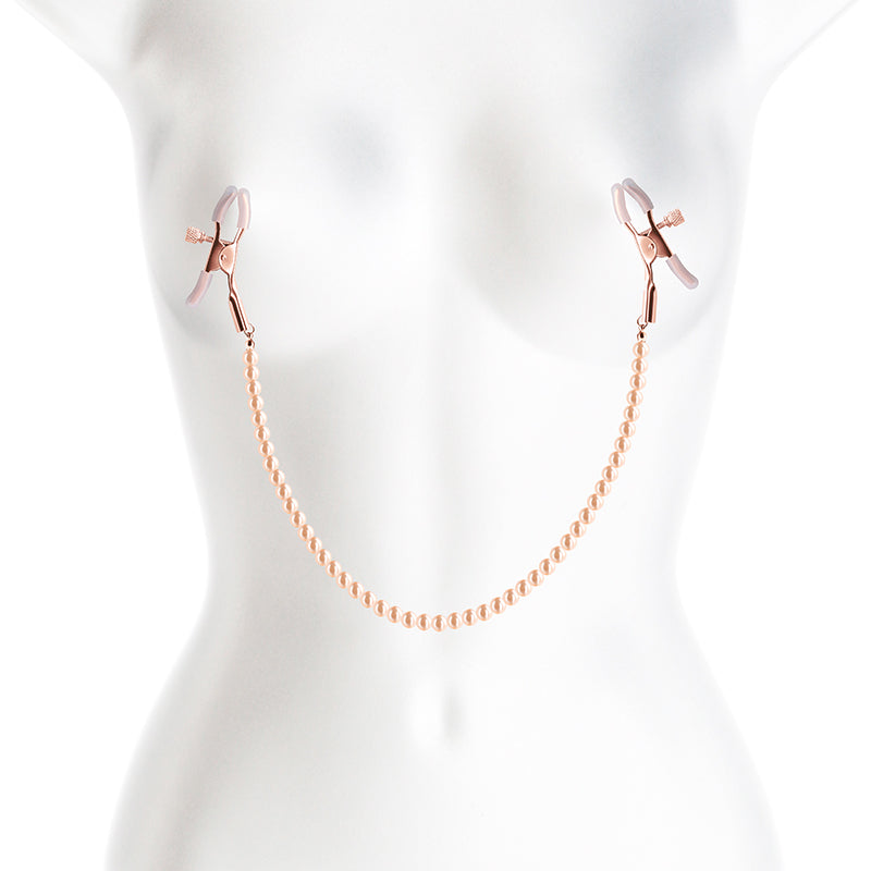 Adjustable rose gold nipple clamps with a pearl bead chain.