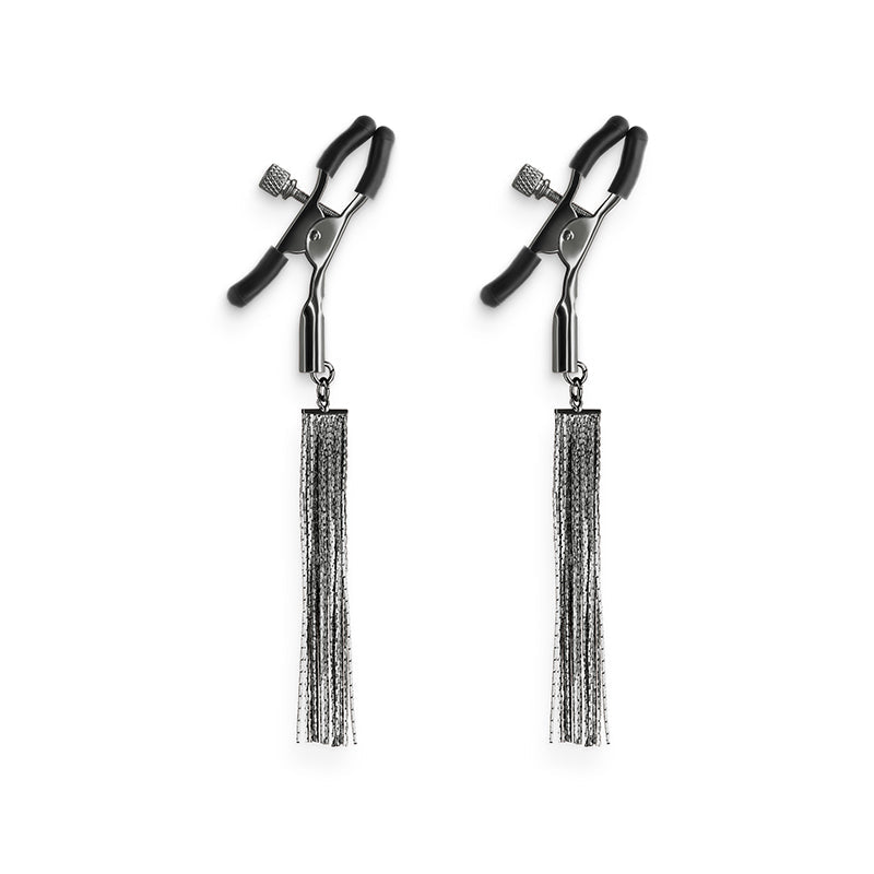 Adjustable gunmetal nipple clamps with silicone tips and metal tassels.