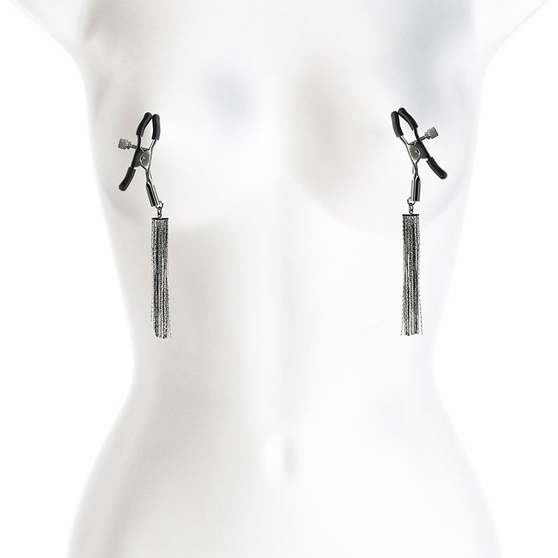 Adjustable gunmetal nipple clamps with silicone tips and metal tassels.