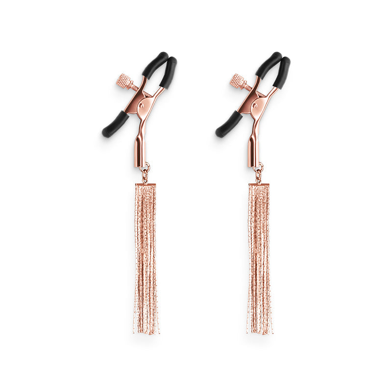 Adjustable rose gold nipple clamps with silicone tips and chain tassels.