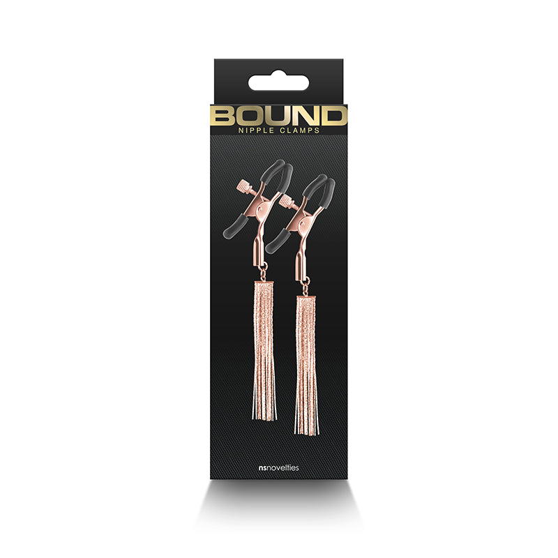Rose gold adjustable nipple clamps with silicone tips and tassels.