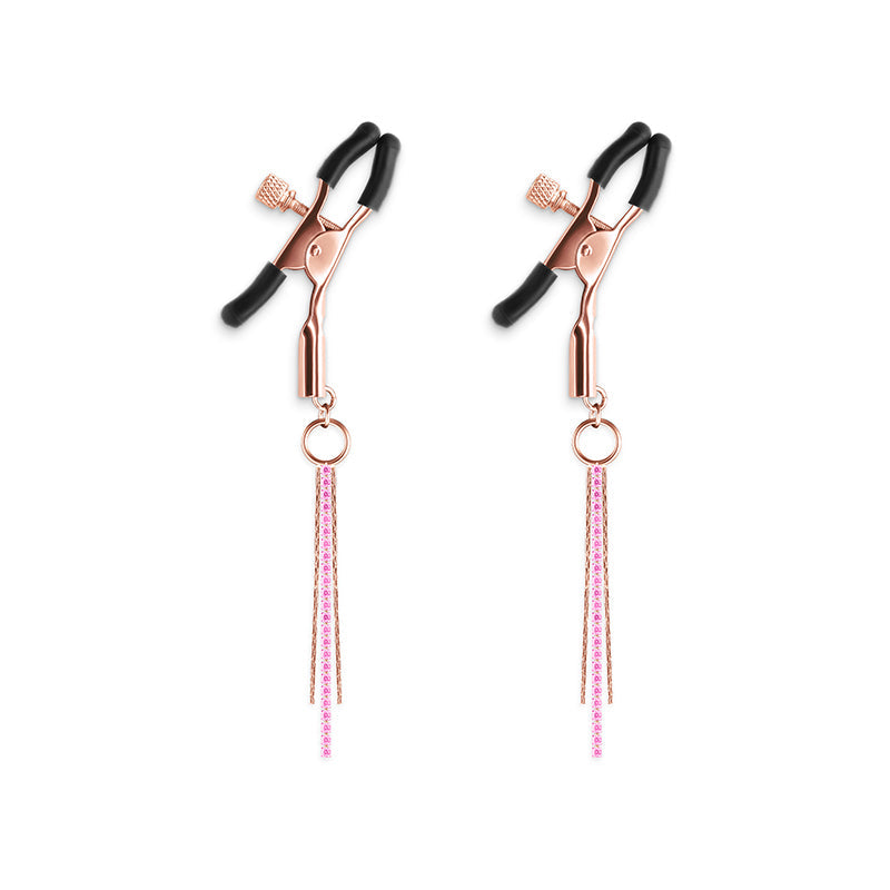 Rose gold adjustable nipple clamps with silicone tips and pink gem dangles.