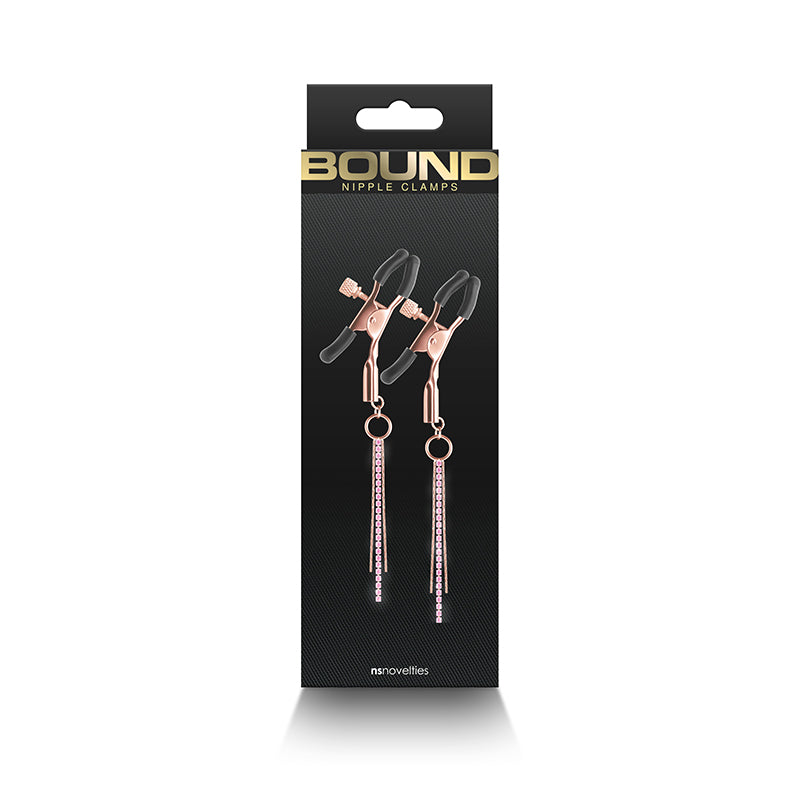Rose gold adjustable nipple clamps with silicone tips and pink gem dangles.