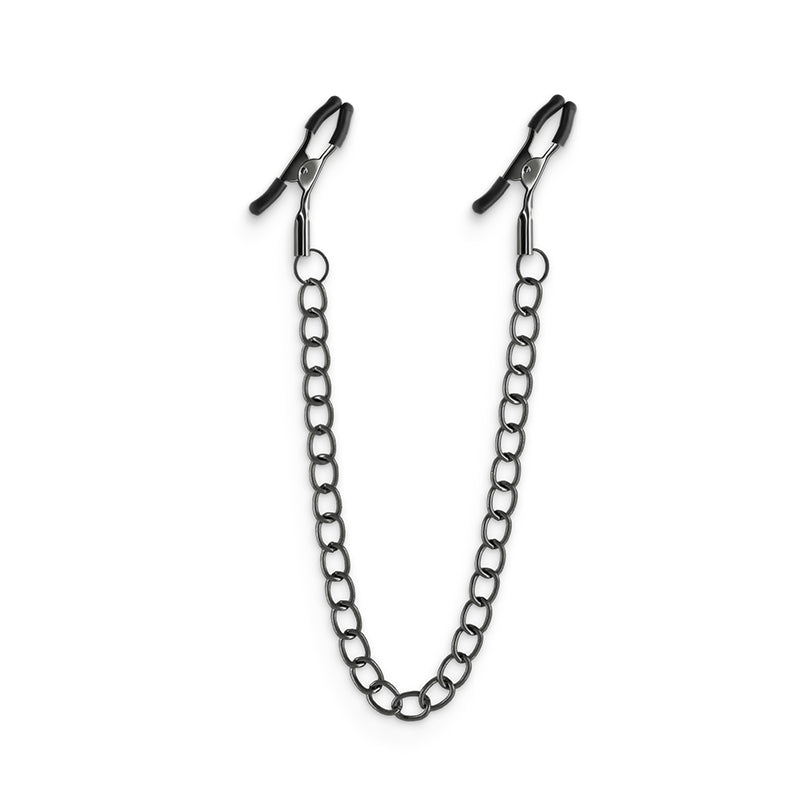 Adjustable gunmetal nipple clamps with silicone tips and a chain.