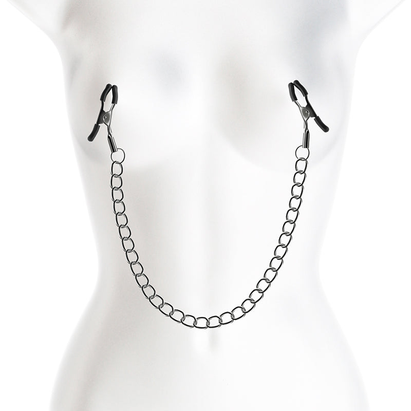 Adjustable nipple clamps with silicone tips and a metal chain.