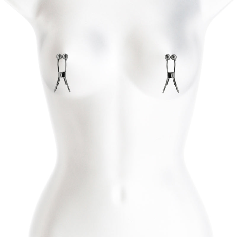 Gunmetal nickel-free metal nipple clamps with ball tips.