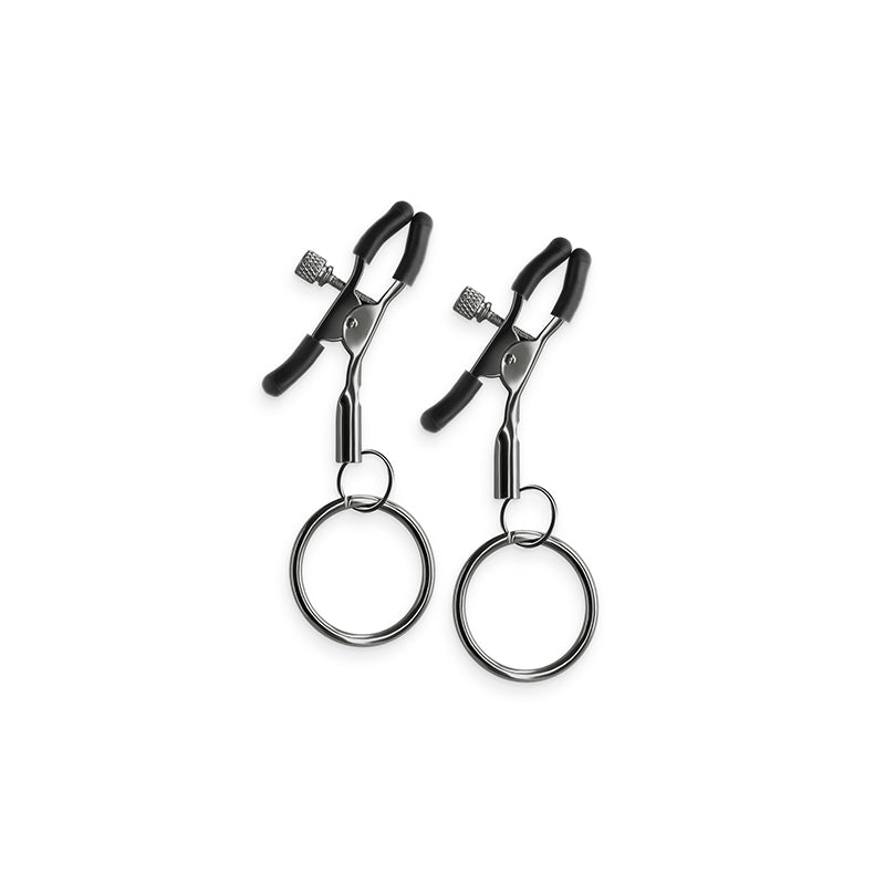Adjustable gunmetal nipple clamps with silicone tips and hanging rings.