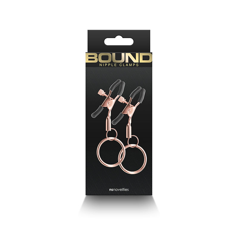 Adjustable rose gold nipple clamps with silicone tips and rings.