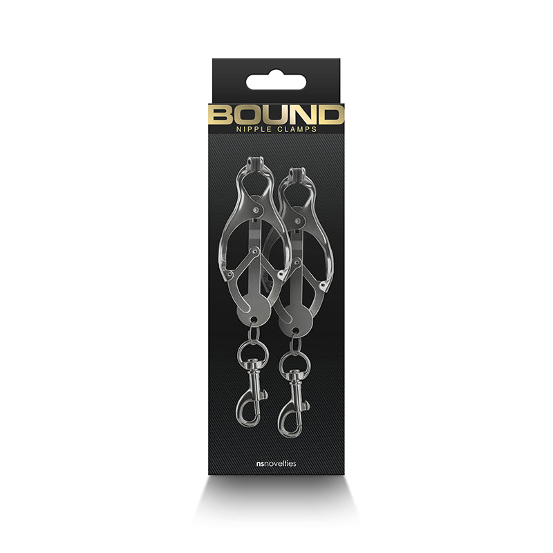 Gunmetal nipple clamps with silicone tips and weight hooks.