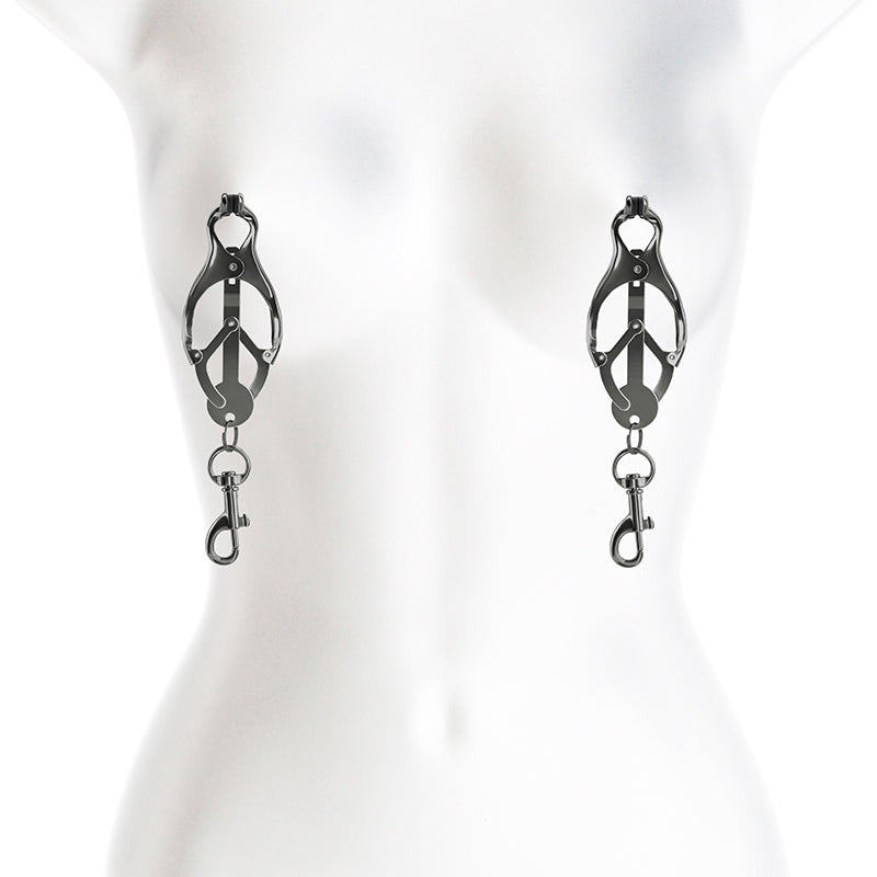Gunmetal nipple clamps with silicone tips and dangling clips.