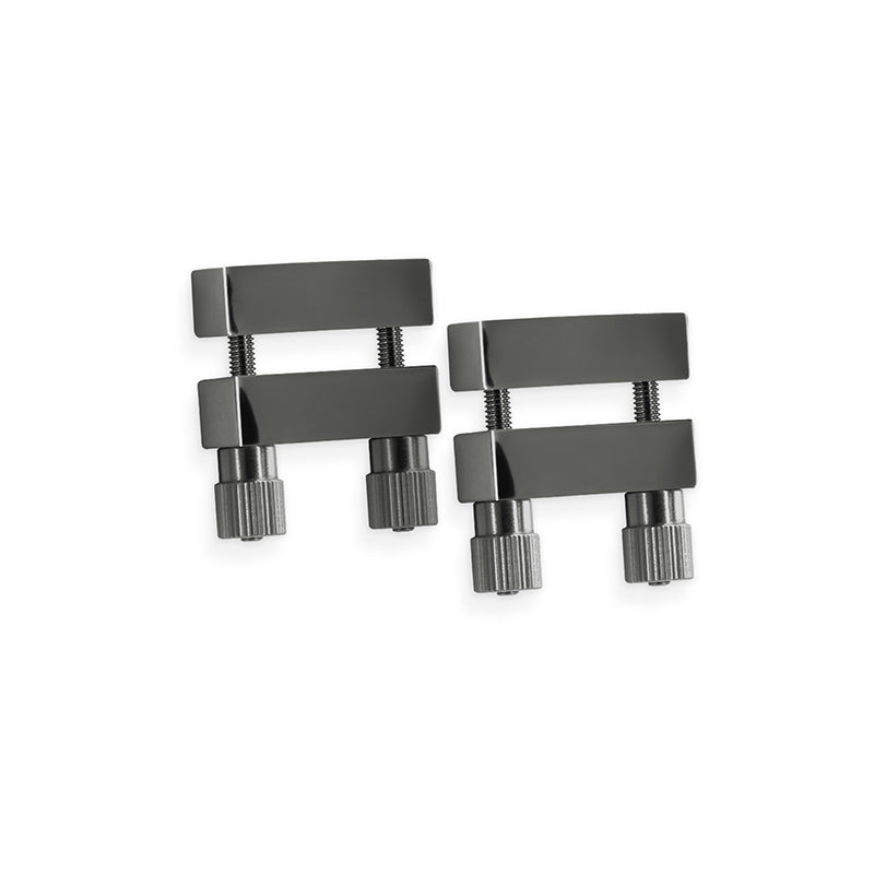 Adjustable gunmetal stainless steel nipple clamps with knurled knobs.