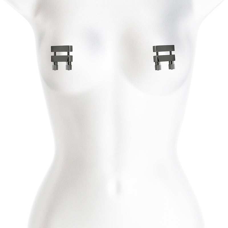 Adjustable gunmetal stainless steel nipple clamps on a mannequin.