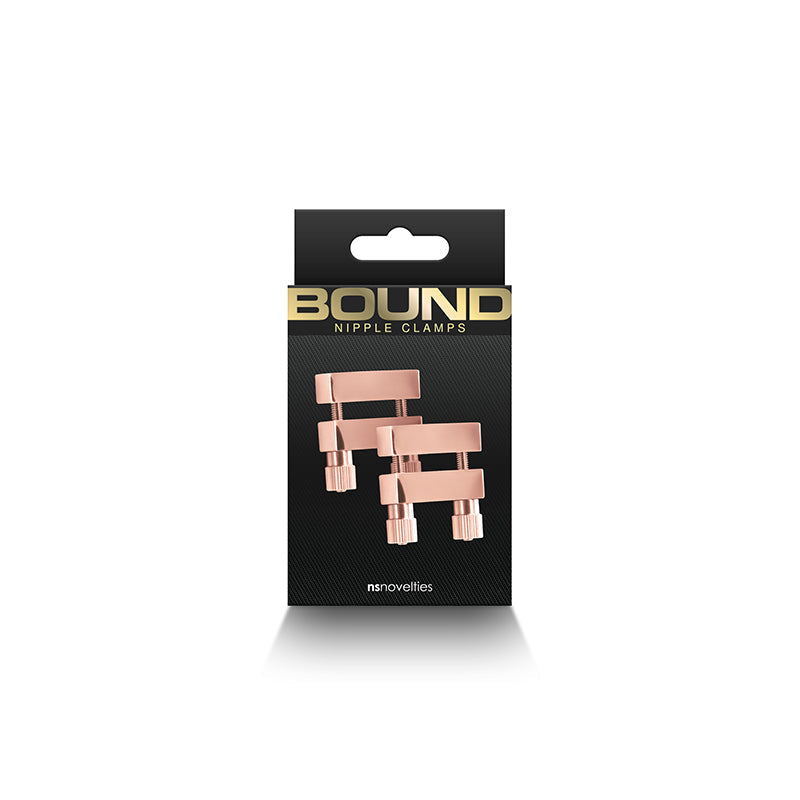 Adjustable rose gold stainless steel nipple clamps in packaging.