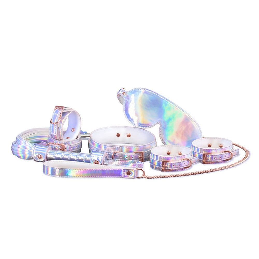 6-piece holographic bondage kit with rose gold hardware.