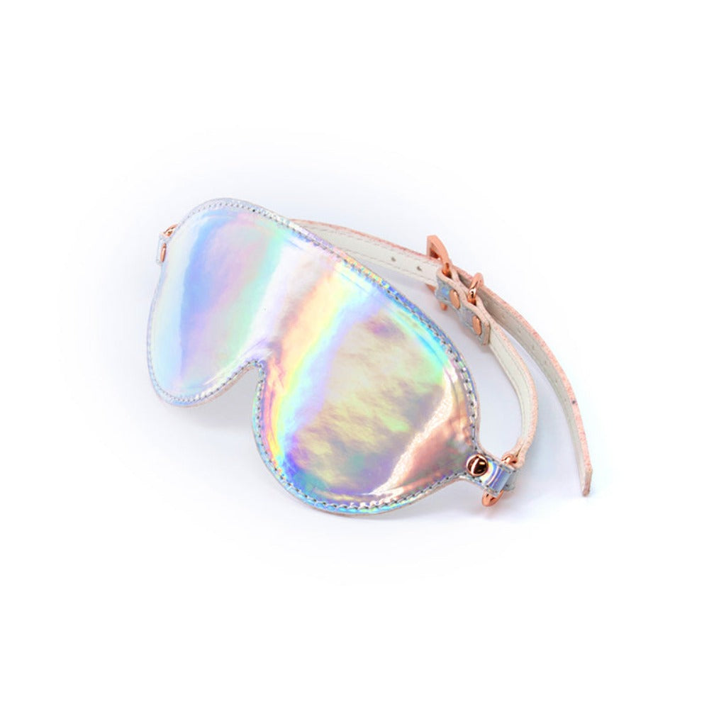 Rainbow holographic vinyl blindfold with rose gold hardware.