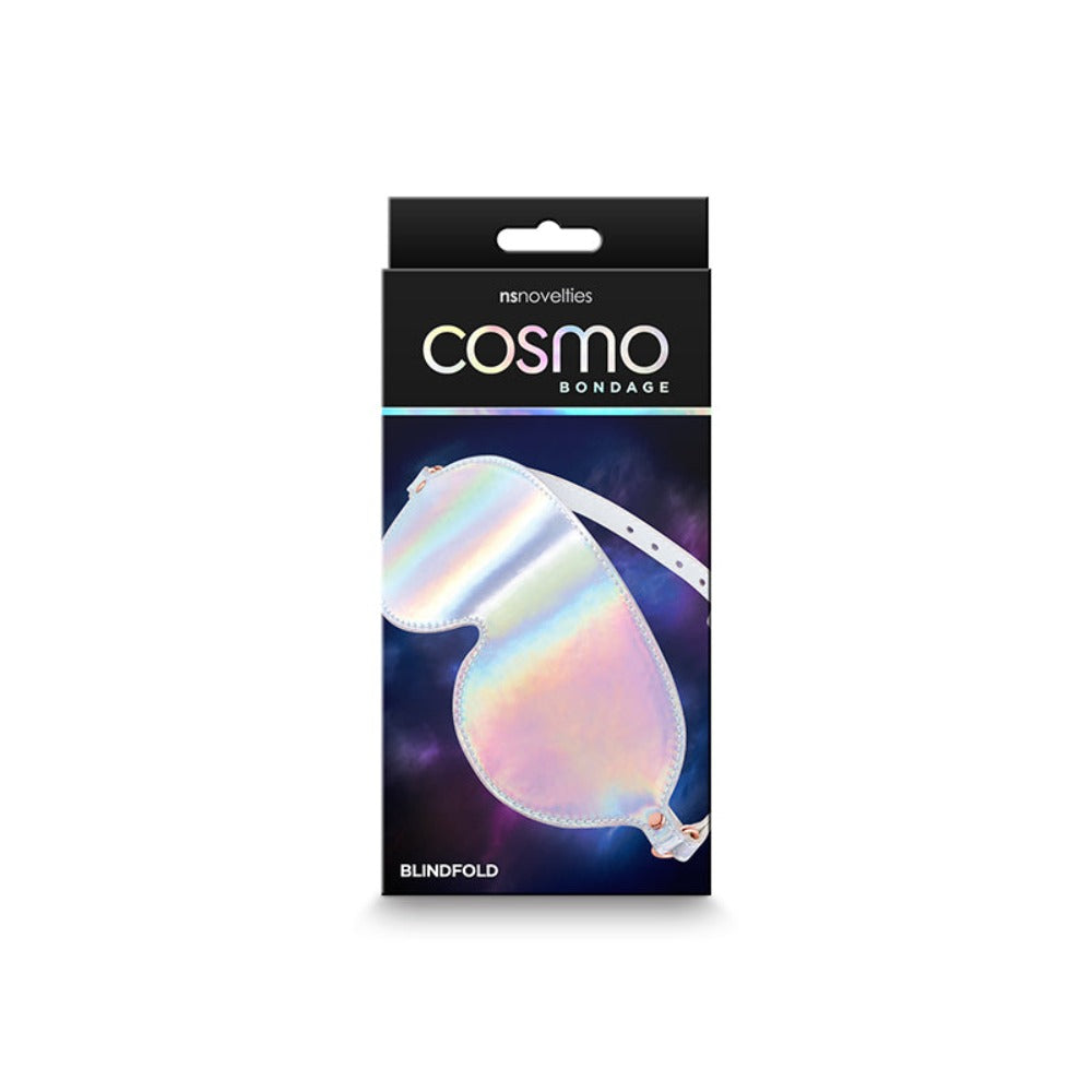 Rainbow holographic vinyl blindfold with adjustable straps.