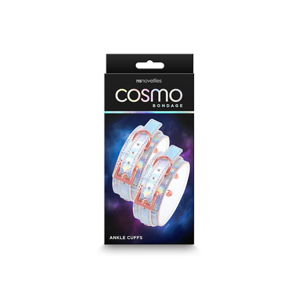 Rainbow holographic ankle cuffs with rose gold hardware.