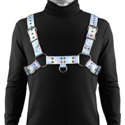 Holographic vinyl chest harness with adjustable straps and silver hardware.