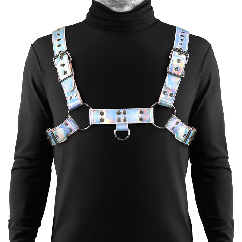 Holographic vinyl chest harness with adjustable straps and silver hardware.