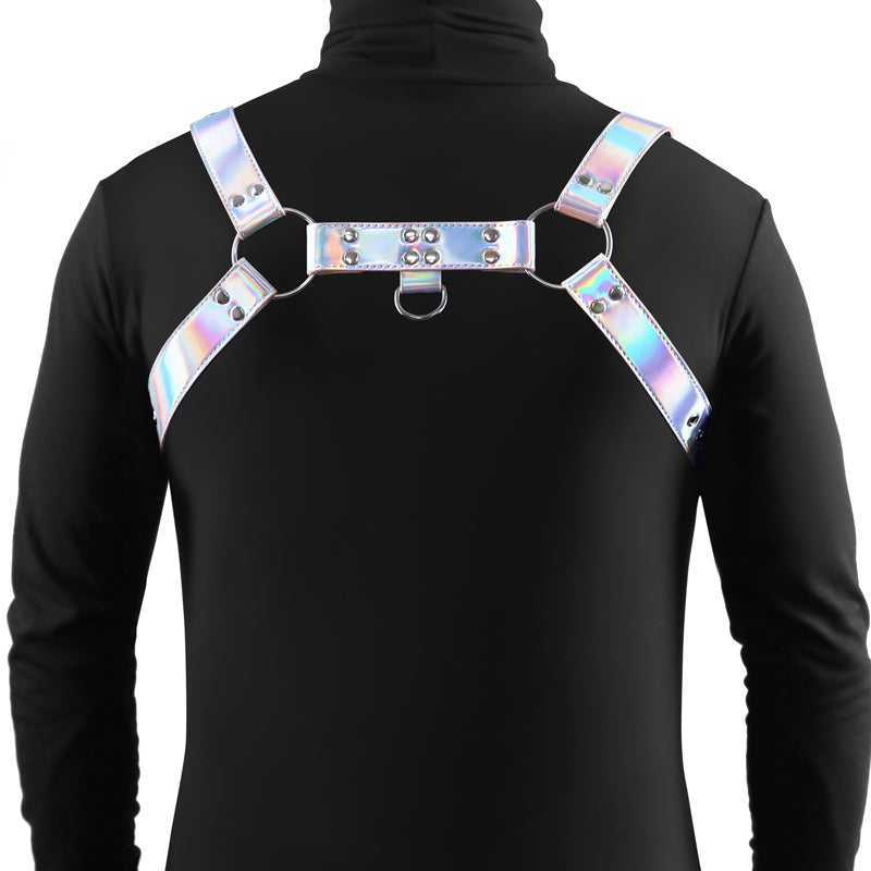 Holographic chest harness with adjustable straps and silver hardware.