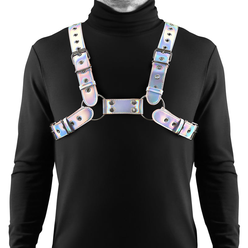 Holographic vinyl chest harness with adjustable straps and silver hardware.