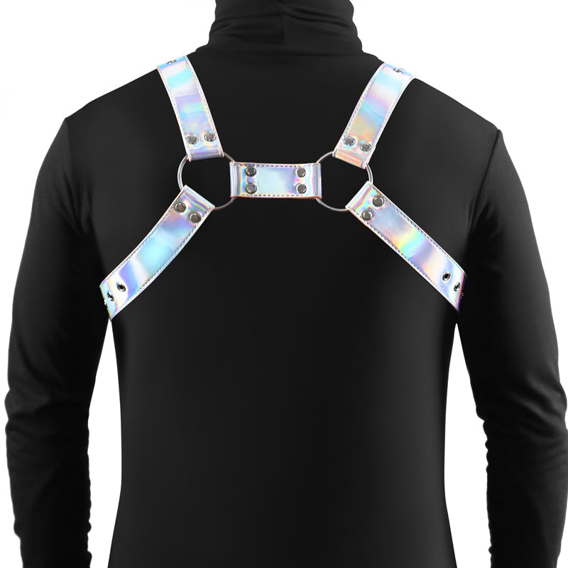 Holographic chest harness with silver rings and adjustable straps.