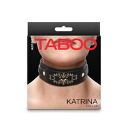 Black faux leather collar with gold embellishments and a D-ring.
