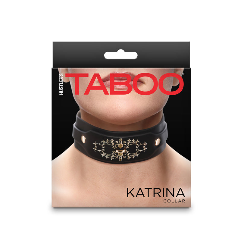 Black faux leather collar with gold embellishments and a D-ring.