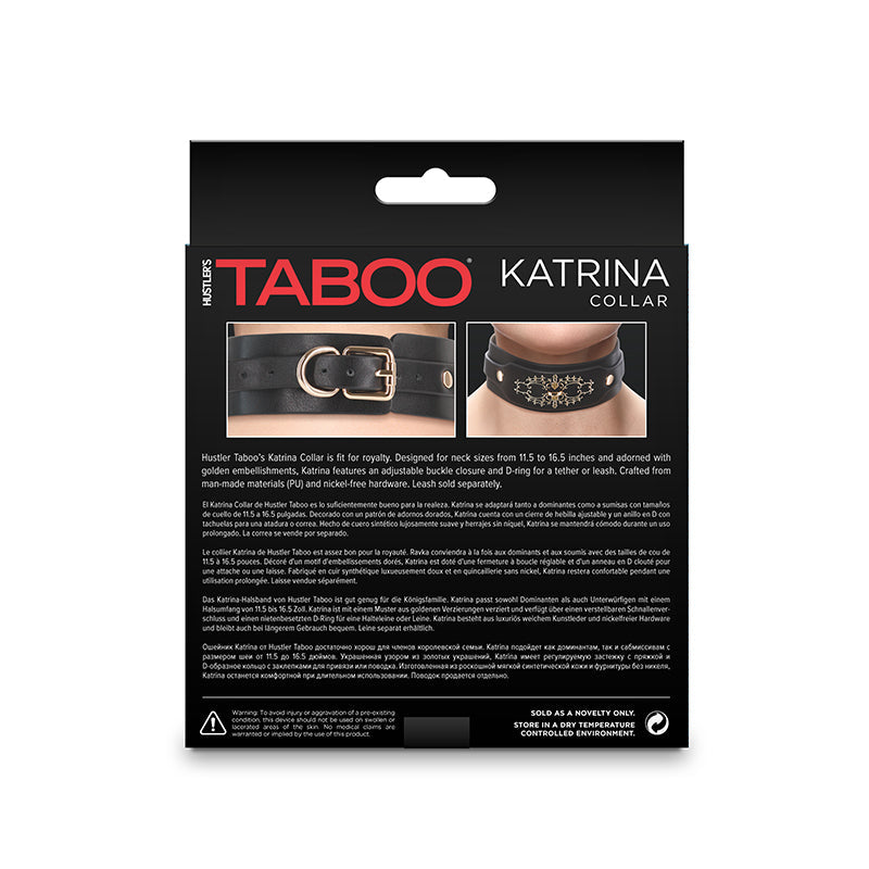 Katrina adjustable faux leather collar with D-ring and golden embellishments.
