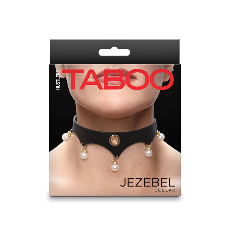 Jezebel faux leather collar with gold accents and pearls.
