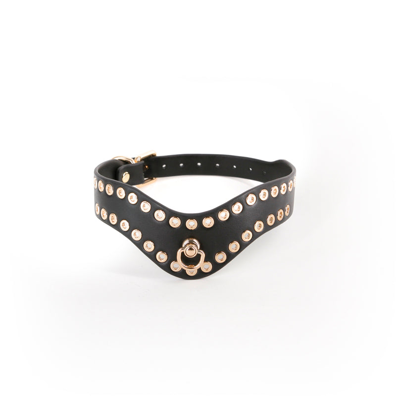 Black faux leather collar with gold studs and a D-ring.
