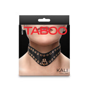 Black faux leather collar with gold studs and a D-ring.