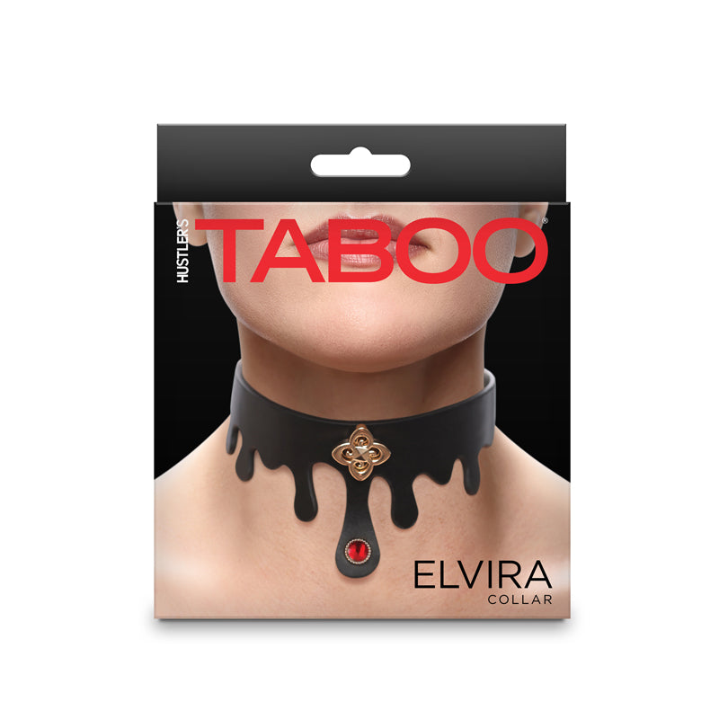 Elvira faux leather collar with ruby jewel and gold charm.