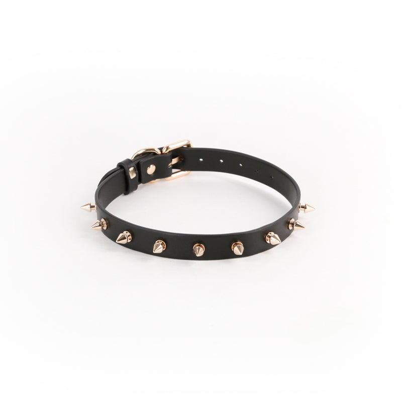 Black PU leather collar with gold spikes and buckle.