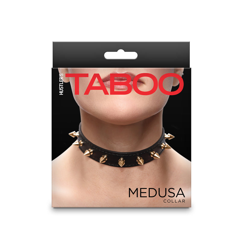 Black PU leather collar with gold spikes and "TABOO" branding.