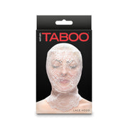 White lace full face mask with "Hustler Taboo" branding.