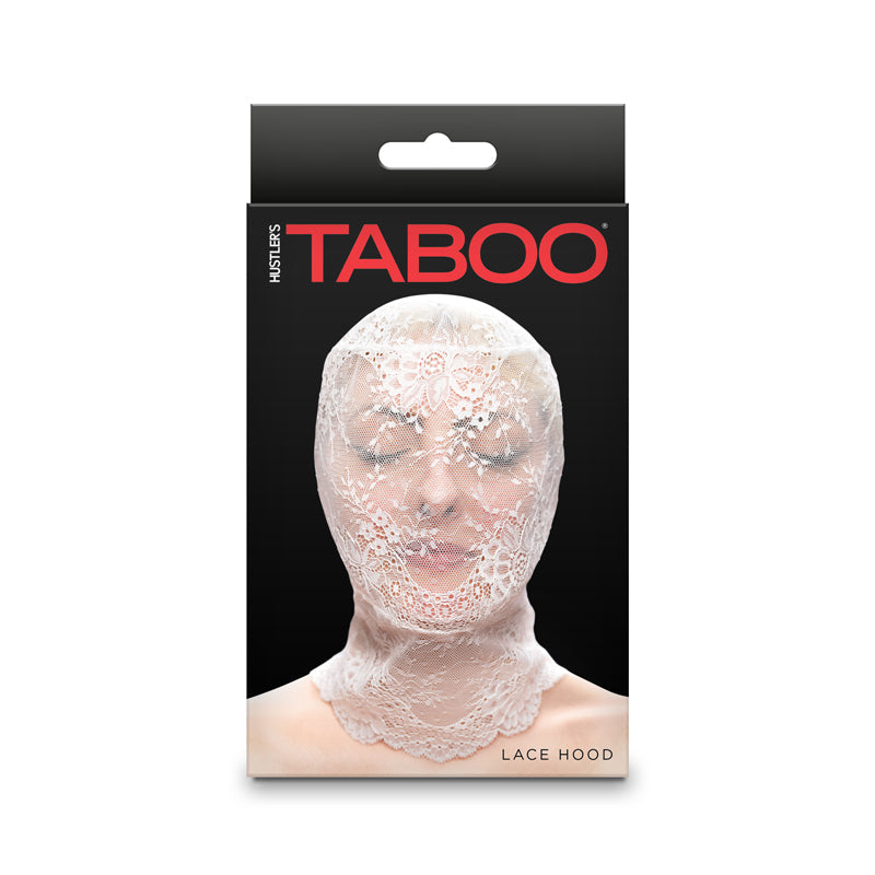 White lace full face mask with "Hustler Taboo" branding.